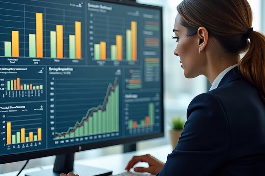 Professional Businesswoman Examining KPI Data in Modern Office Setting