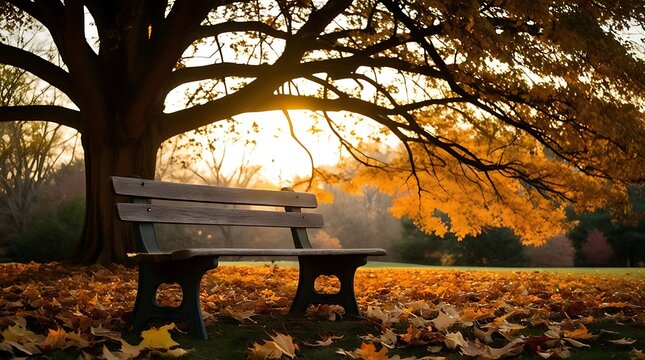 empty park bench in autumn - Powered by Adobe