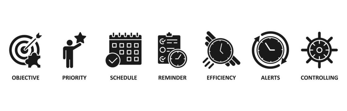Time management banner web icon vector illustration foricon of objective, priority, schedule, reminder, efficiency, alerts, and controlling