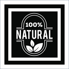 One hundred percent natural product label design with leaves in black frame