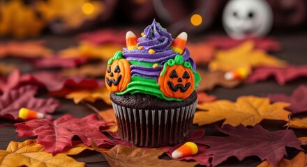 A chocolate cupcake with purple and green frosting, jack-o-lantern faces, and candy corn on a wooden table with autumn leaves.
