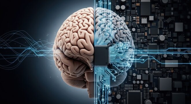 A human brain with a computer chip and electronic connections against a dark background.
