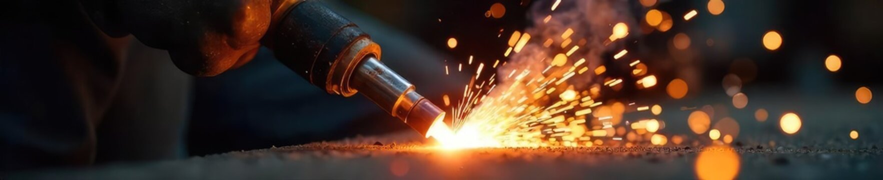 Close-up of a welding torch igniting, intense orange and white heat radiating from the nozzle, sparks flying Perfect for industrial, manufacturing, and repair contexts , welding, flame, process