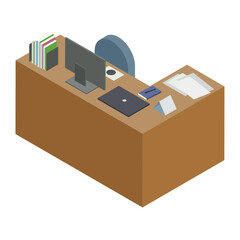 L字型ワークデスクとパソコンのアイソメトリック素材