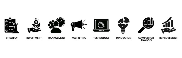 Business development banner web icon vector illustration foricon of strategy, investment, management, marketing, technology, innovation, competitor analysis, improvement