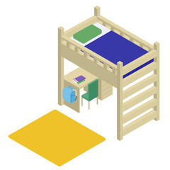 小学生男の子のロフトベッドと学習机のアイソメトリック素材