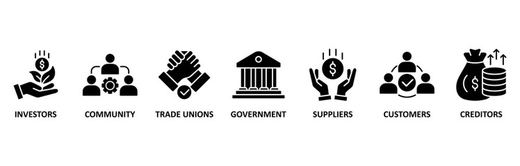 Stakeholder relationship banner web icon vector illustration forstakeholder, investor, government, and creditors with icon of community, trade unions, suppliers, and customers