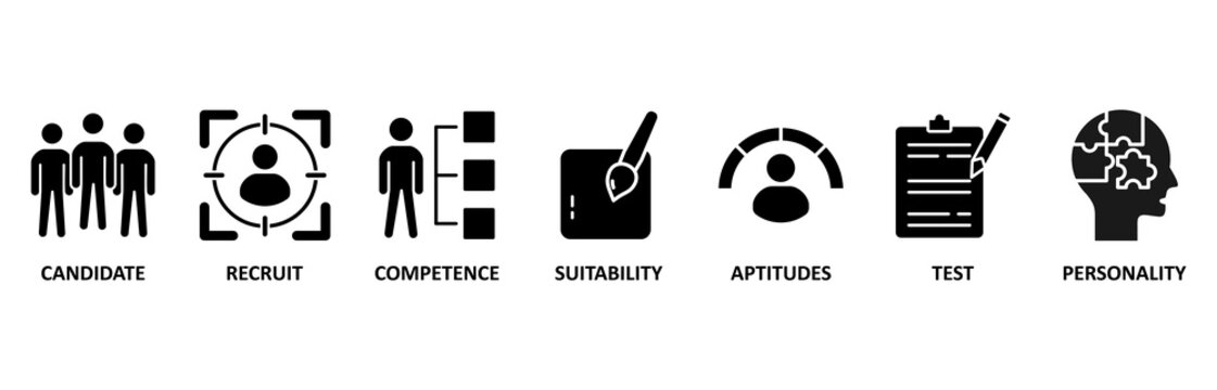 Assessment center banner web icon vector illustration forpersonal audit of human resources with icon of user candidate, recruit, competence, suitability, aptitudes, test and personality