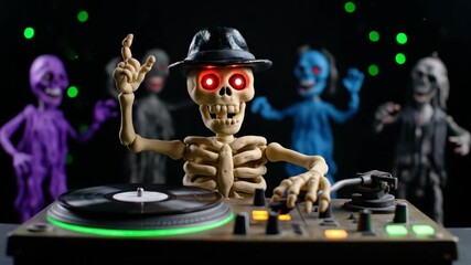 Skeleton DJ with Red Glowing Eyes and Fedora Plays Music on Turntable Surrounded by Colorful Dancing Monsters in Dark Club with Green Disco Lights