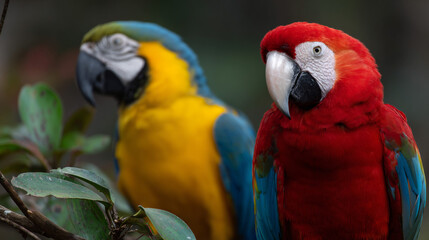 Naklejka premium Colorful macaw parrots perched on tropical tree.