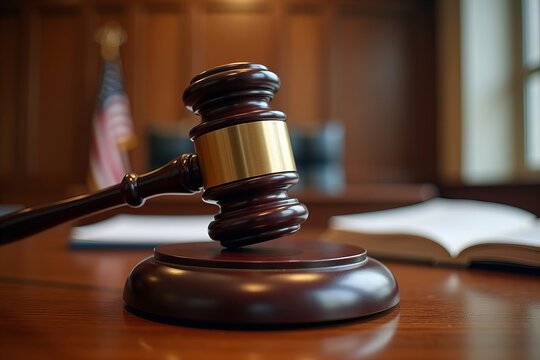 - Close-up of Gavel Striking Sound Block in Courtroom with Judge's Bench and Legal Documents in Background