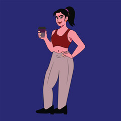 Confident Woman Holding Coffee Cup in Flat Illustration Style