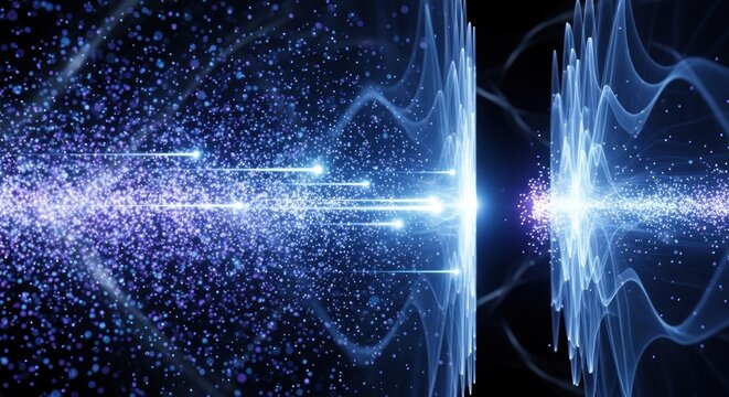 Blue and purple wave patterns with glowing particles in a dark background.