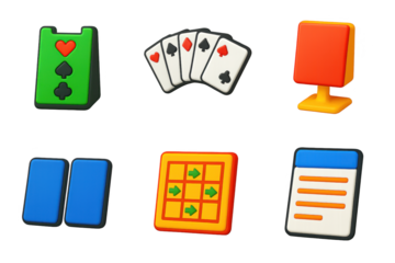Duplicate Bridge Icons. 3D icon set of duplicate bridge setup: board holder, pre-dealt hands, table sign, pair number cards,