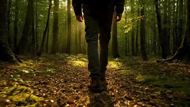 Hiker walks through forest at sunrise. Sunlight filters through trees and sunbeam hits trail. Boot presses into leaf covered path. Walker moves deeper into wood surrounded by nature. Nature walk.