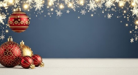 Christmas baubles and snowflakes on a blue background.