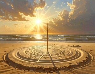 Sundial on beach casting shadow during golden hour with ocean waves.