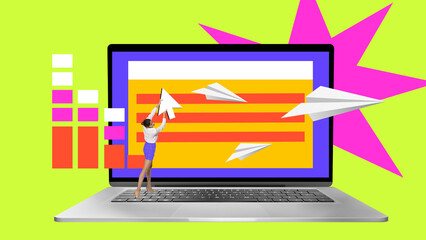 Graphic composition. Woman dragging giant cursor over laptop with paper planes. Concept of email marketing, automation, newsletters, and digital communication.