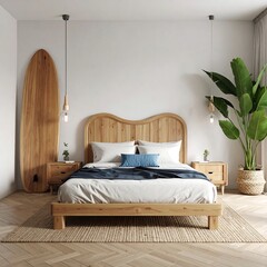 Bedroom with wooden furniture, surfboard, and large leafy plant