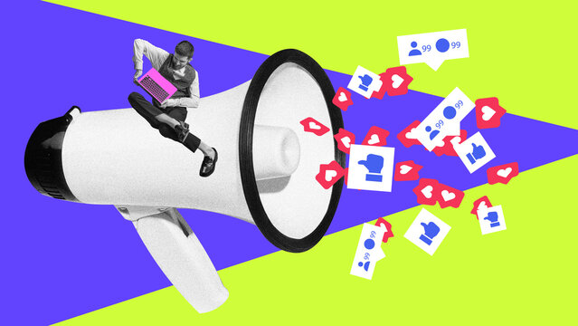 Digital artwork. Man sitting on huge megaphone with like icons flying out. Concept of social media growth, content marketing, online engagement, and brand visibility. - Powered by Adobe