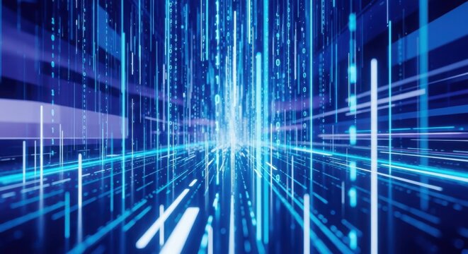 Digital data stream in a technological blue cyberspace background with binary code