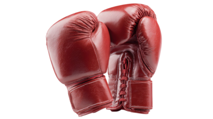 Pair of red leather boxing gloves with padded protection and realistic texture, sports equipment for training and fighting isolated on white background