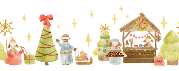 Hand-painted watercolor Christmas border with decorated trees, a child, gifts, straw stars and a cozy festive stall. 
