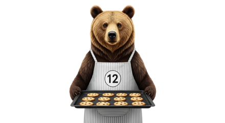 Realistic brown bear chef character holding baking tray of delicious cookies as a friendly mascot. isolated PNG with Transparent Background