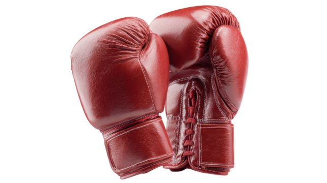 Pair of red leather boxing gloves with padded protection and realistic texture, sports equipment for training and fighting isolated on white background