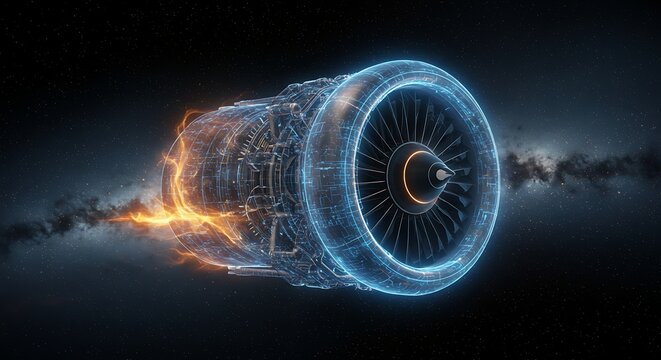 Digital 3D rendering of a jet engine with a blue wireframe and orange energy effects