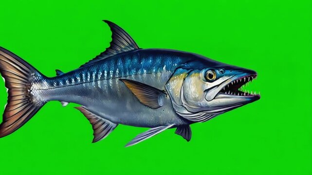 Illustration of a wahoo fish with sharp teeth on a green background in a cartoon style green screen fish video