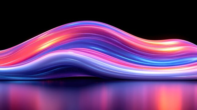 Abstract, vibrant, fluid forms in pink, purple, and blue, reflected on a dark surface