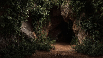 An enchanting cave entrance shrouded in mystery and overgrown with vibrant greenery. The scene evokes a sense of wonder and invites exploration