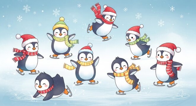 A group of cute penguins ice skating on a snowy surface with snowflakes in the background. - Powered by Adobe