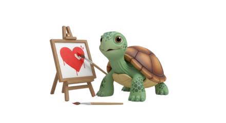 Adorable cartoon turtle painting a red heart artwork on a wooden easel, symbolizing love and creativity isolated PNG with Transparent Background