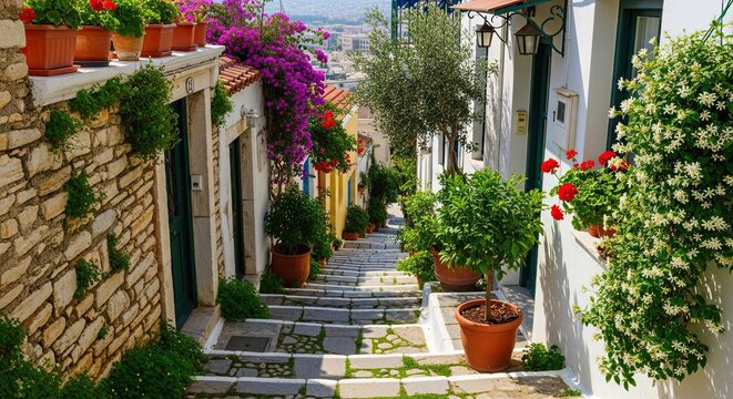 Picturesque Stairway in Molyvos, Greece: A Vibrant Blend of Nature and Architecture