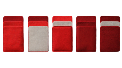  Set of red card holders made with textured fabric, neatly arranged on white background, showcasing craftsmanship and vibrant color isolated on white background