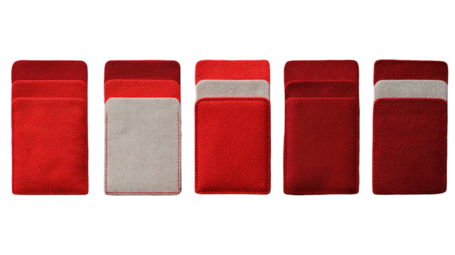  Set of red card holders made with textured fabric, neatly arranged on white background, showcasing craftsmanship and vibrant color isolated on white background