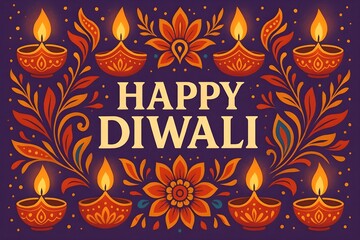 A festive Diwali greeting card design featuring multiple glowing oil lamps, floral patterns, and decorative leaves on a dark purple background