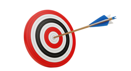 A blue and white fletched arrow hitting the bullseye of a red white and black target isolated on transparent background