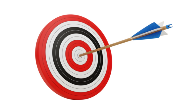 A blue and white fletched arrow hitting the bullseye of a red white and black target isolated on transparent background