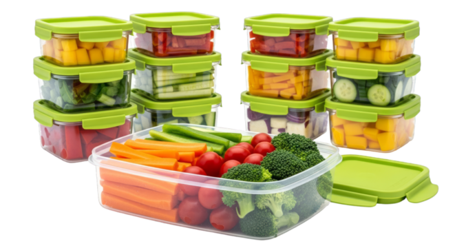 Fresh vegetables in containers for healthy eating habits on transparent background