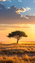 Acacia tree stands alone in golden savanna at sunset.