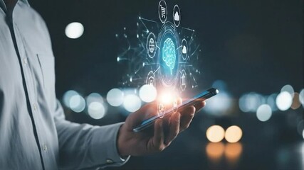 Person holding a smartphone displaying a network of ai technology icons and a digital brain - Powered by Adobe