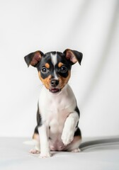 Obraz premium Adorable Toy Fox Terrier Puppy Raising Its Paw on White Background - A cute Toy Fox Terrier puppy portrait. Symbolizing: innocence, companionship, joy, loyalty, and playfulness