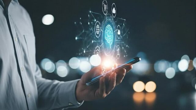Person holding a smartphone displaying a network of ai technology icons and a digital brain - Powered by Adobe
