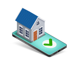 House building on a smartphone screen. Smart home technology. Control and management of the house via smartphone. Isolated on white background. Vector illustration.