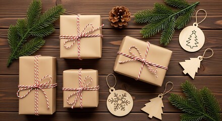 Cozy Christmas Gifts Flat Lay on Wooden Table
