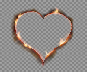 Heart shape with burnt and smoldering paper edges effect. Template frame isolated on a transparent background. Vector mockup.