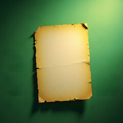 Aged and torn paper with yellowed edges rests on a textured green surface